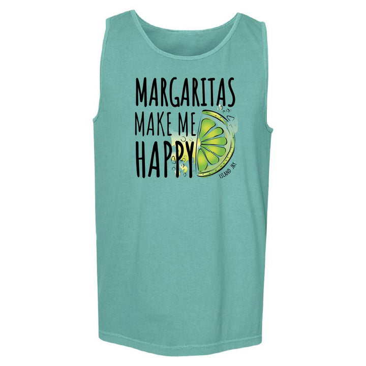 Teal tank top with 'Margaritas Make Me Happy' text and lime graphic.