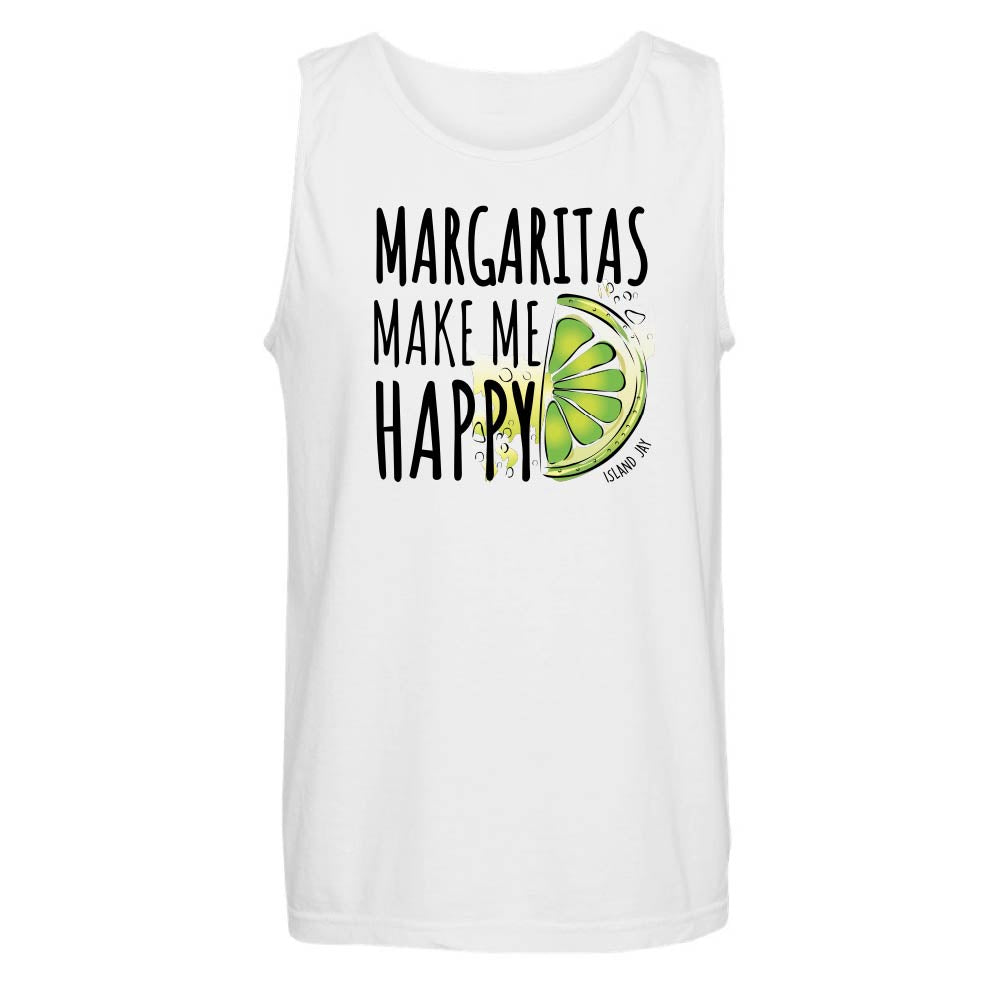 White tank top with 'Margaritas Make Me Happy' text and lime graphic.