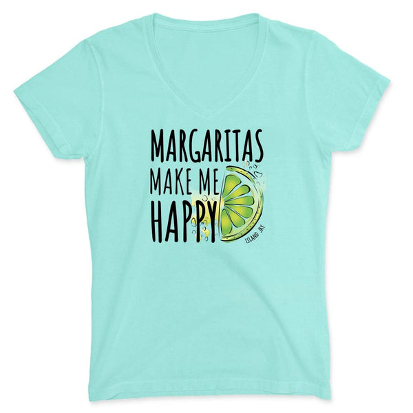 Light blue t-shirt with 'Margaritas Make Me Happy' text and lime graphic.