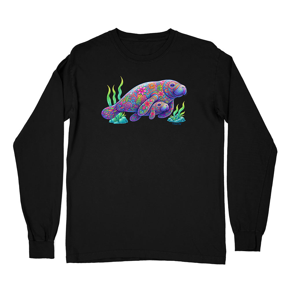 Black long-sleeve shirt with a colorful sea turtle design on a white background