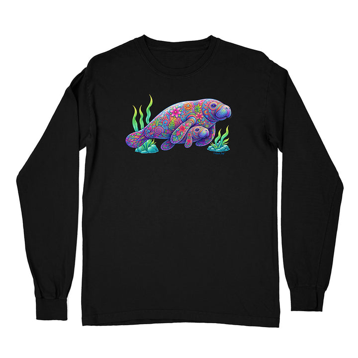 Black long-sleeve shirt with a colorful sea turtle design on a white background