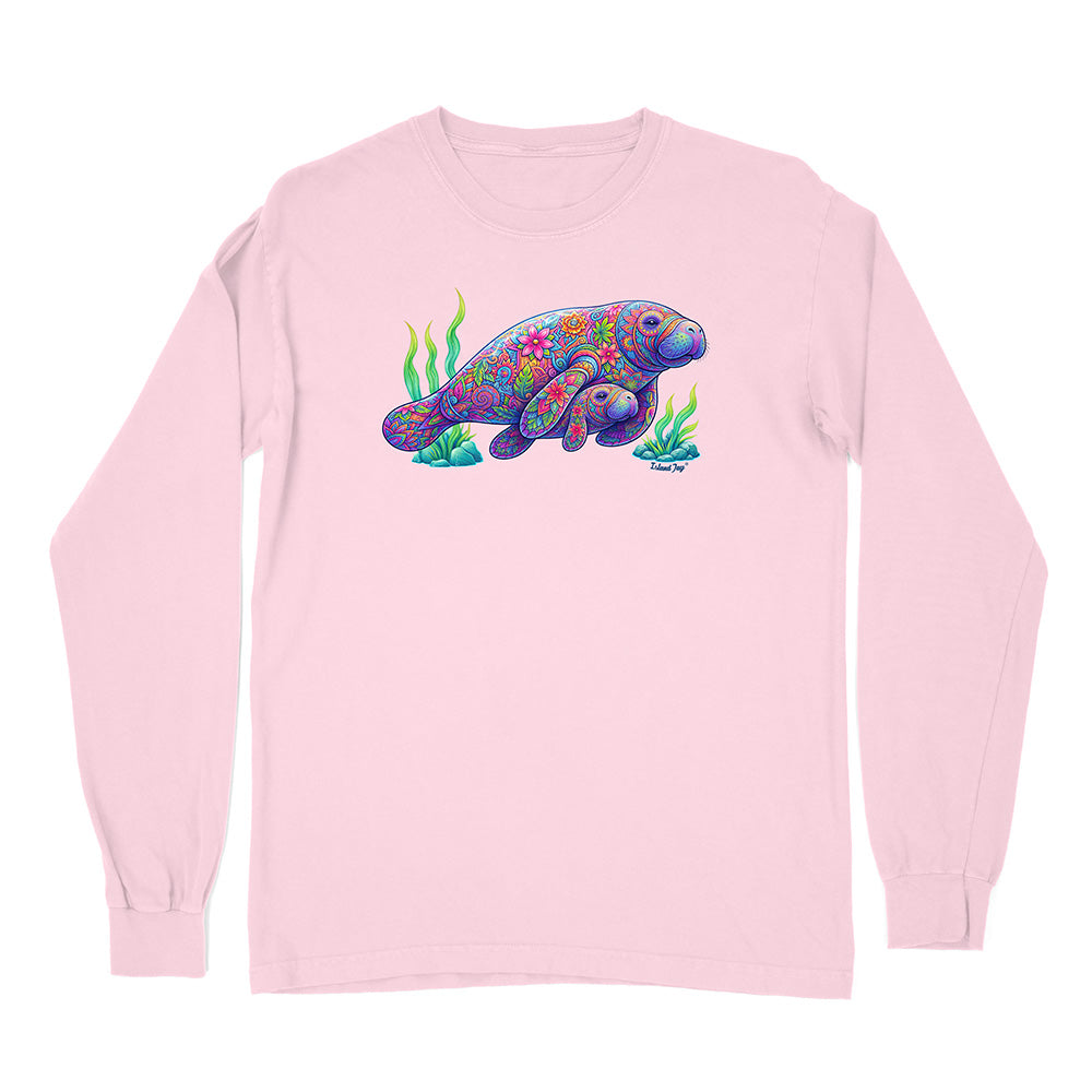 Pink long-sleeve shirt with a colorful manatee design on a white background