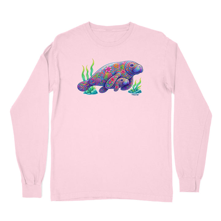 Pink long-sleeve shirt with a colorful manatee design on a white background