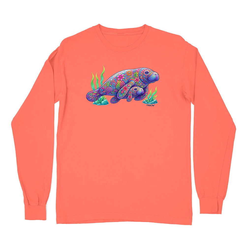 Coral long-sleeve shirt with a colorful manatee design on a white background