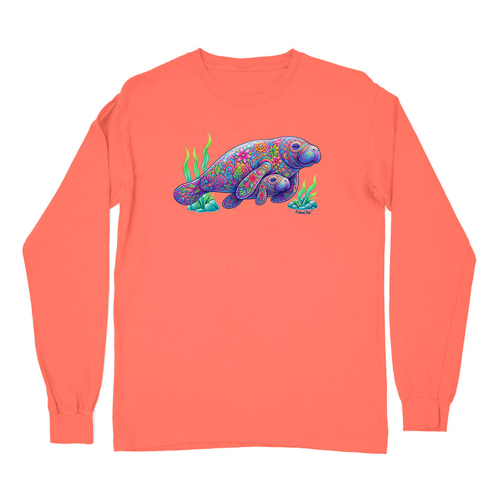 Coral long-sleeve shirt with a colorful manatee design on a white background