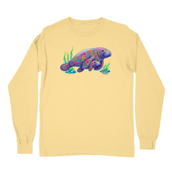 Yellow long-sleeve shirt with a colorful manatee design on a white background