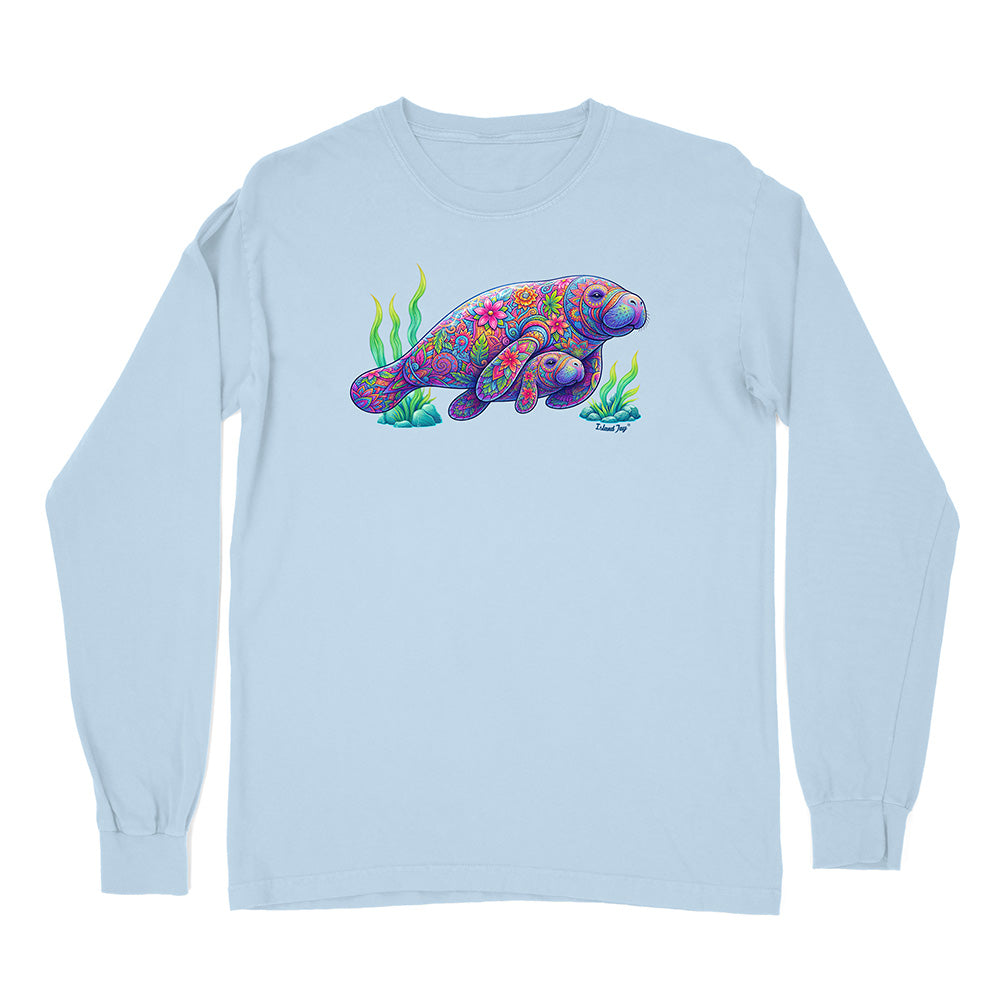 Light blue long-sleeve shirt with a colorful manatee design on a white background