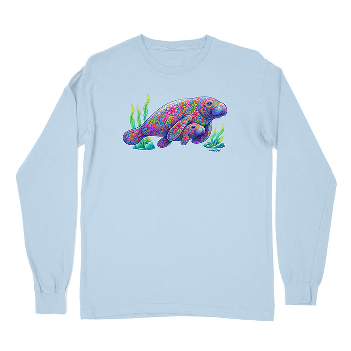 Light blue long-sleeve shirt with a colorful manatee design on a white background