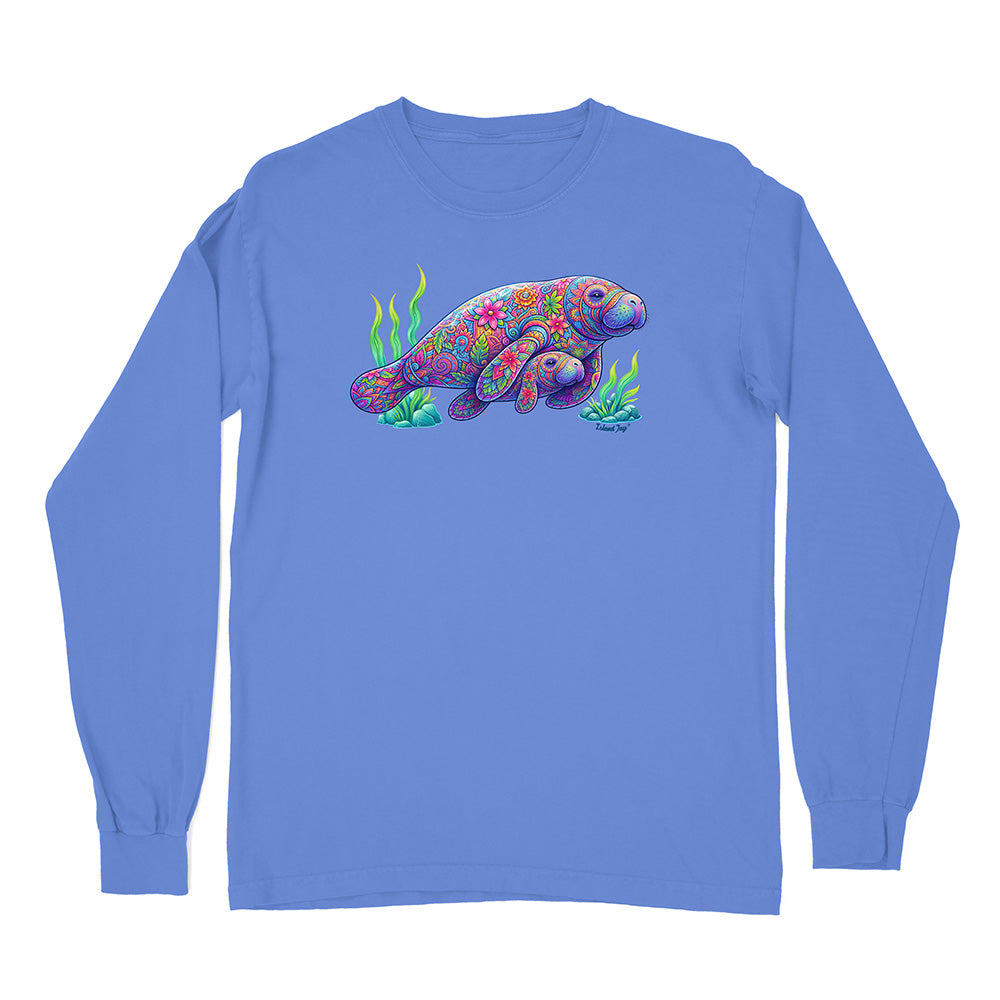 Blue long-sleeve shirt with a colorful manatee design on a white background