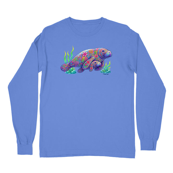 Blue long-sleeve shirt with a colorful manatee design on a white background