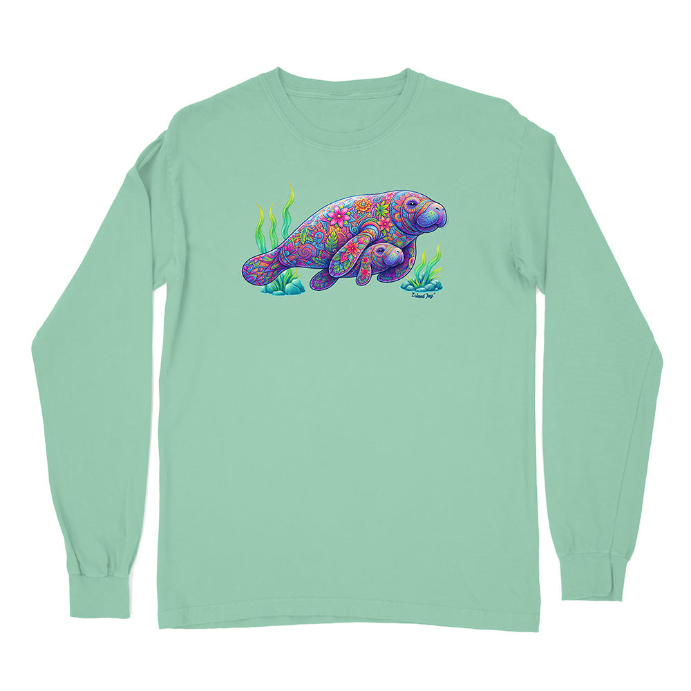 Mint green long-sleeve shirt with a colorful manatee design on a white background