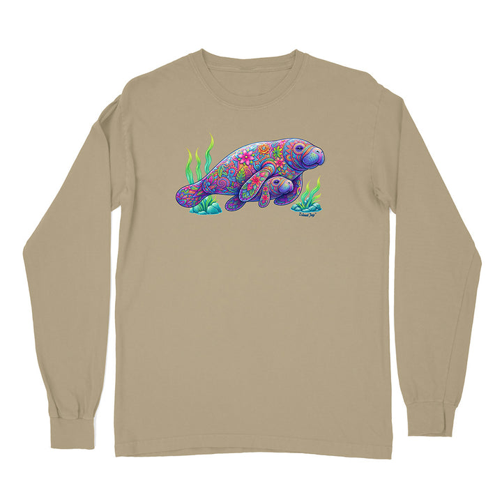 Beige long-sleeve shirt with a colorful manatee design on a white background