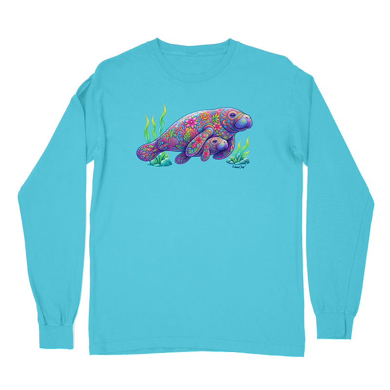 Turquoise long-sleeve shirt with a colorful manatee design on a white background