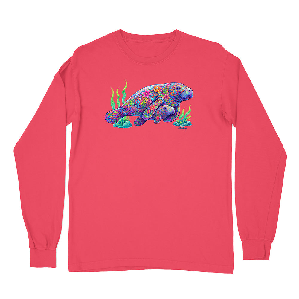 Red long-sleeve shirt with a colorful manatee design on a white background