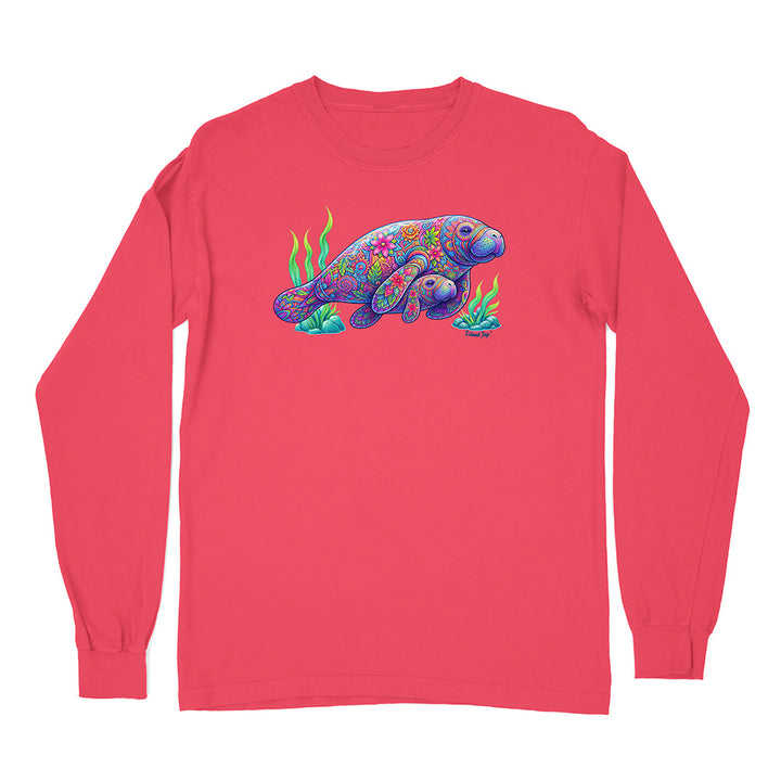 Red long-sleeve shirt with a colorful manatee design on a white background