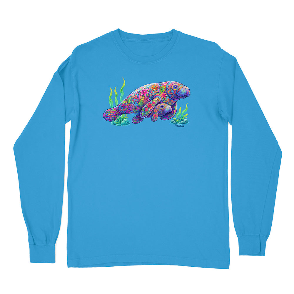 Blue long-sleeve shirt with a colorful sea creature design on a white background