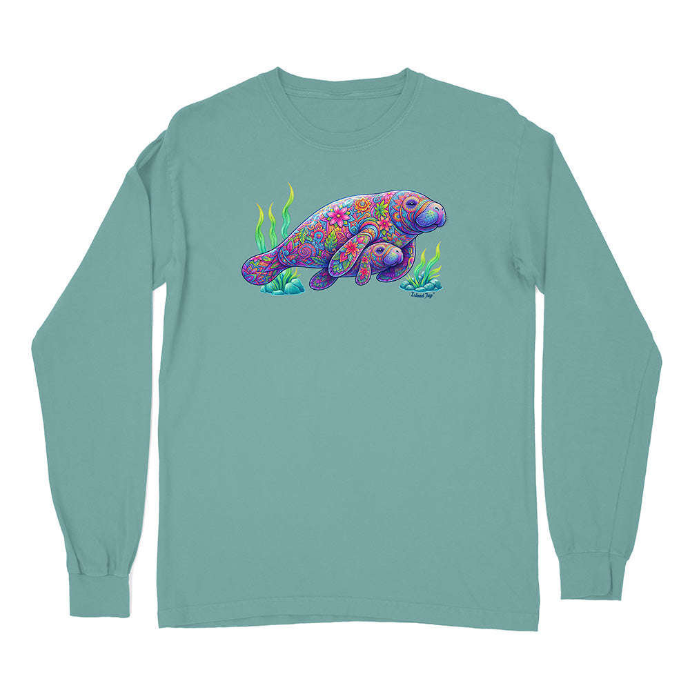 Teal long-sleeve shirt with a colorful manatee design on a white background
