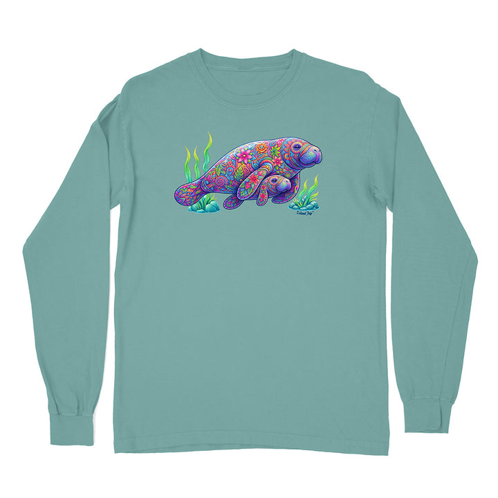 Teal long-sleeve shirt with a colorful manatee design on a white background