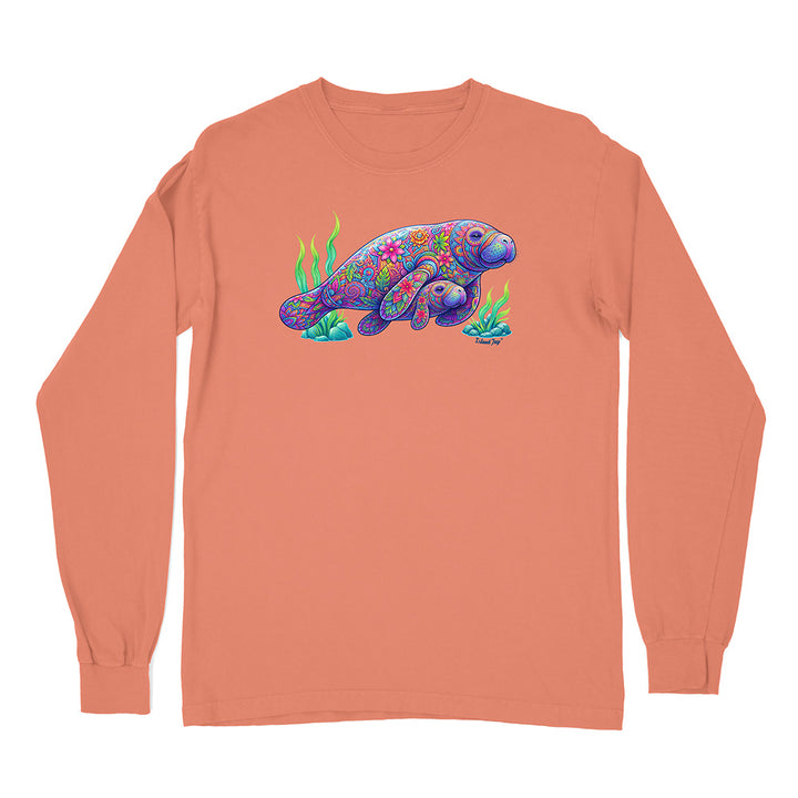 Long-sleeve shirt with a colorful manatee design on a white background