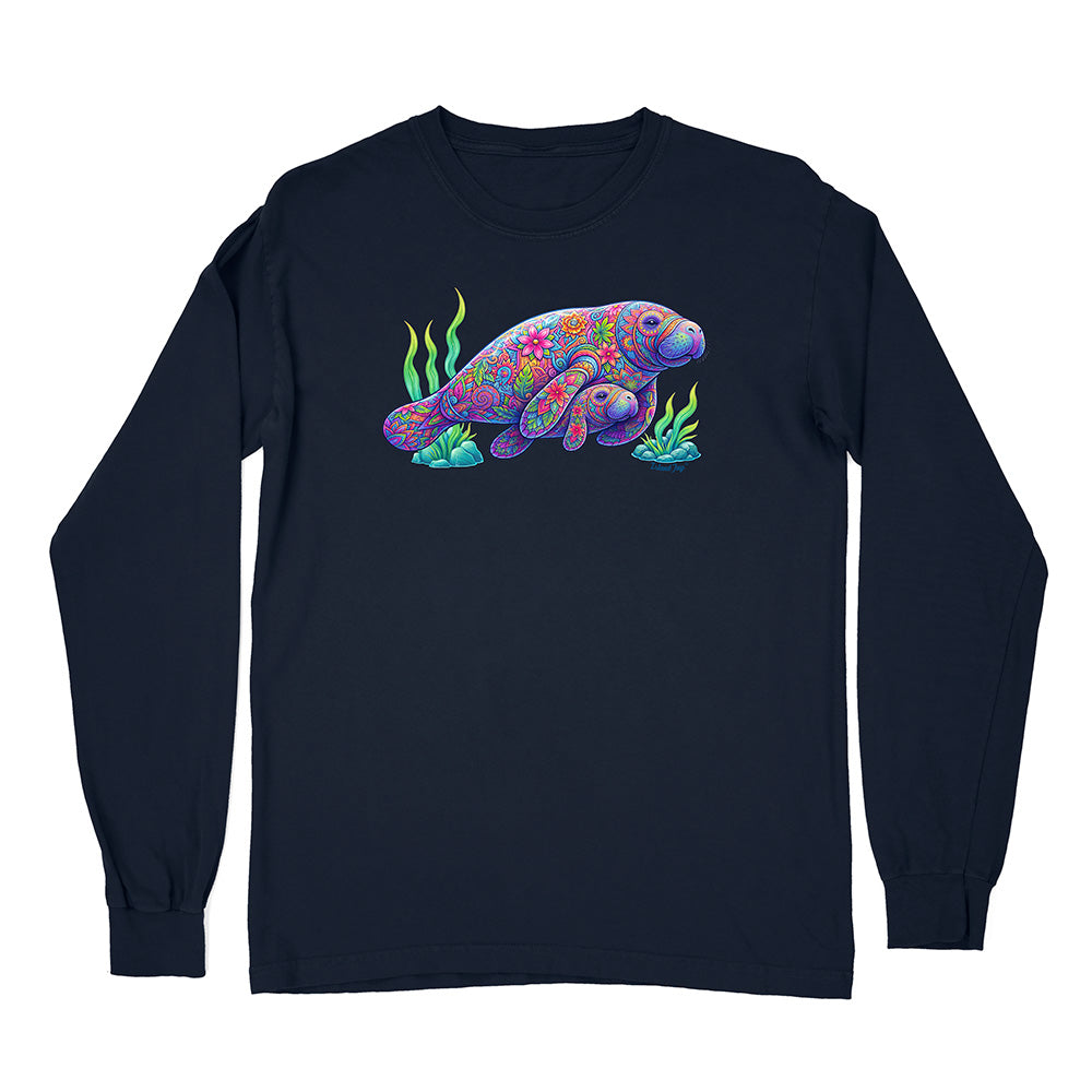 Navy blue long-sleeve shirt with a colorful manatee design on a white background