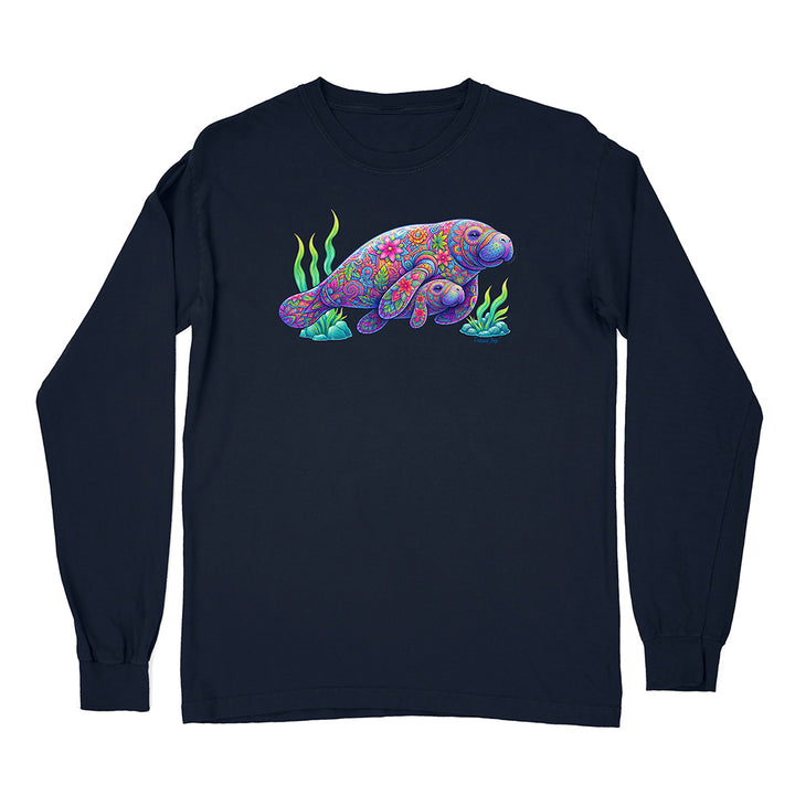 Navy blue long-sleeve shirt with a colorful manatee design on a white background