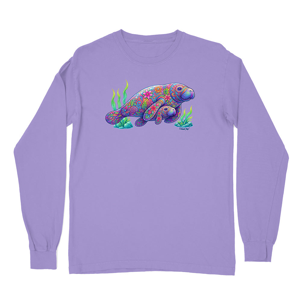 Purple long-sleeve shirt with a colorful sea turtle design on a white background