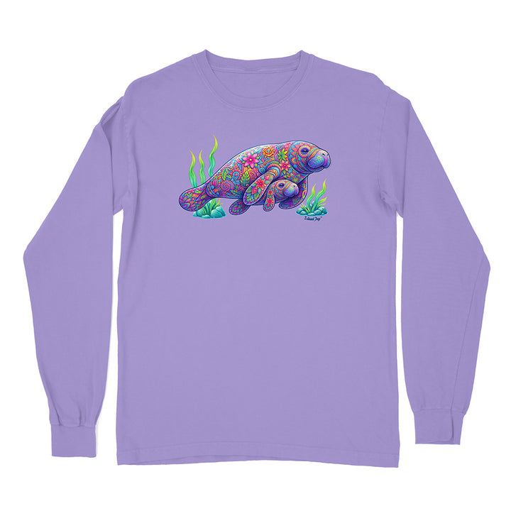 Purple long-sleeve shirt with a colorful sea turtle design on a white background