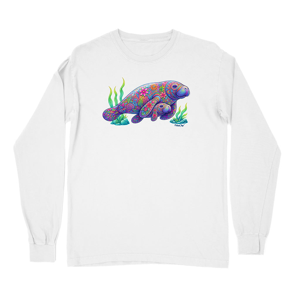 White long-sleeve shirt with a colorful sea turtle design on a white background