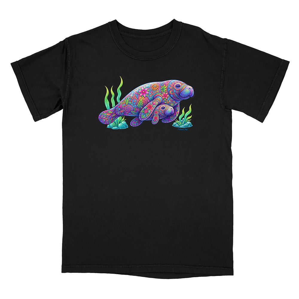 Black t-shirt with a colorful sea turtle design on a white background