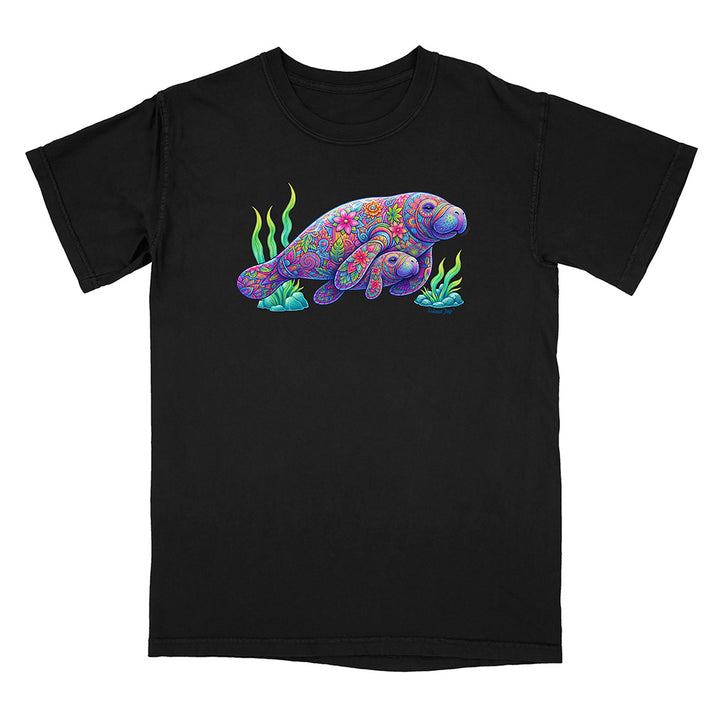 Black t-shirt with a colorful sea turtle design on a white background