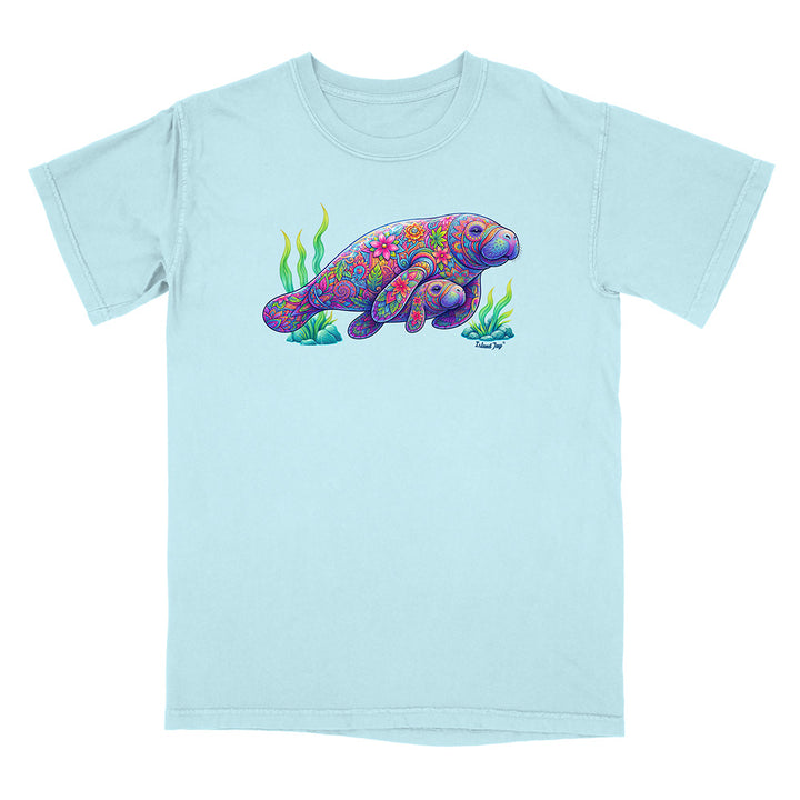 Light blue t-shirt with a colorful sea creature design on a white background