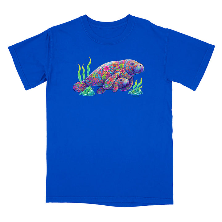 Blue t-shirt with a colorful sea turtle design on a white background