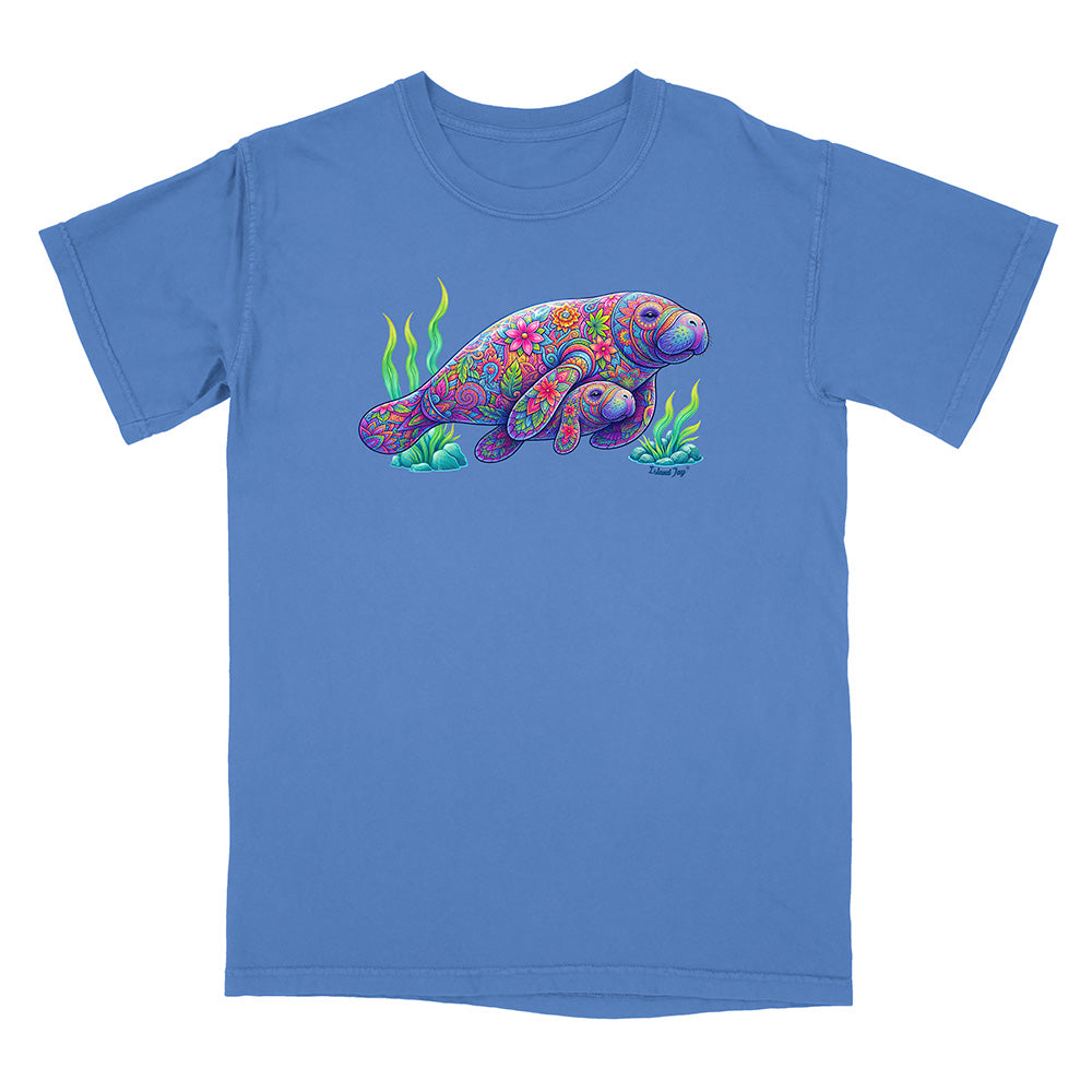 Blue t-shirt with a colorful sea turtle design on a white background