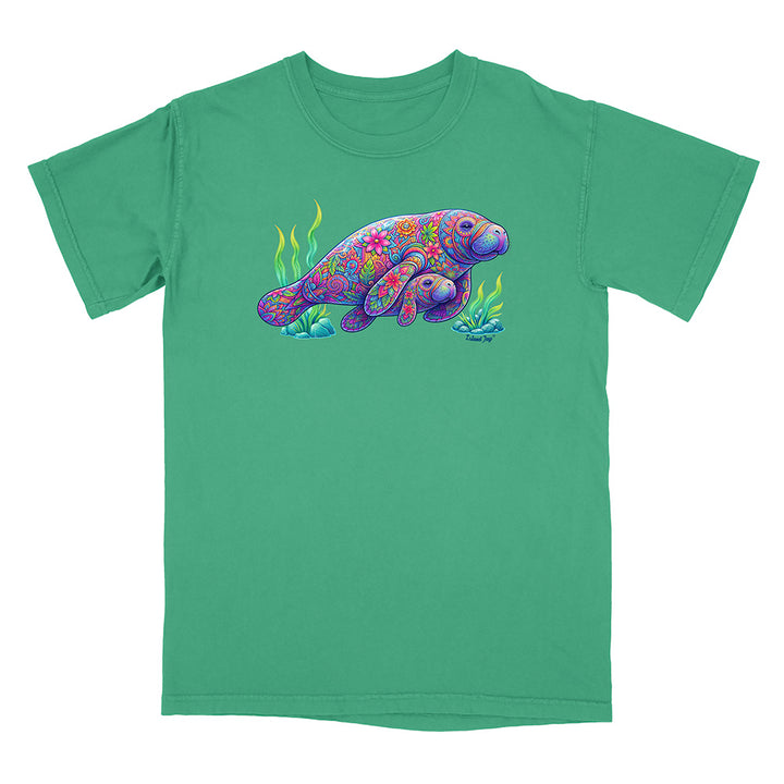 Green t-shirt with a colorful sea turtle design on a white background