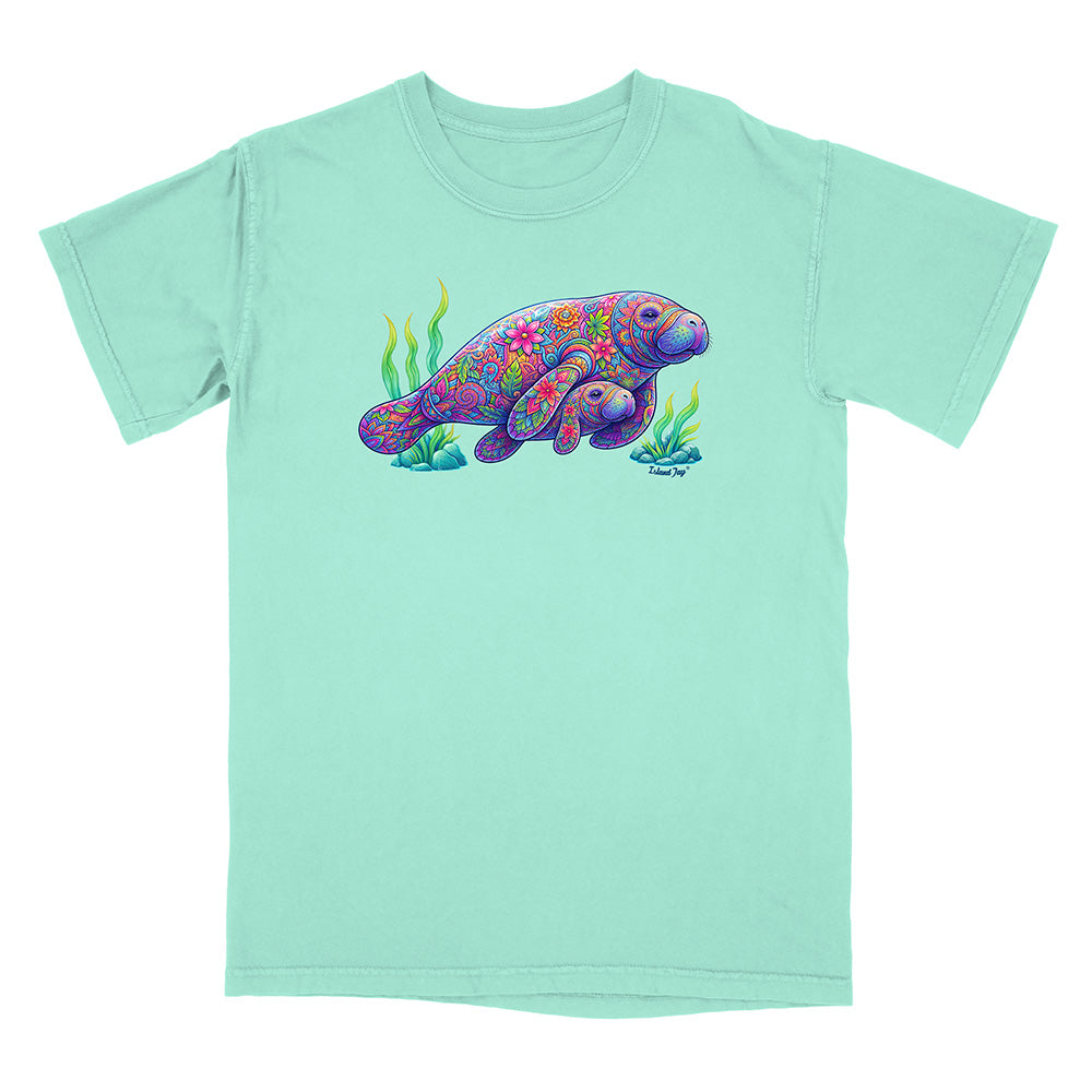 Mint green t-shirt with a colorful manatee design on a white background