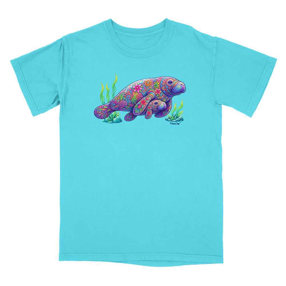 Turquoise t-shirt with a colorful sea creature design on a white background