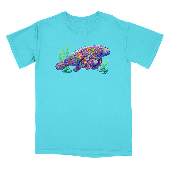 Turquoise t-shirt with a colorful sea creature design on a white background