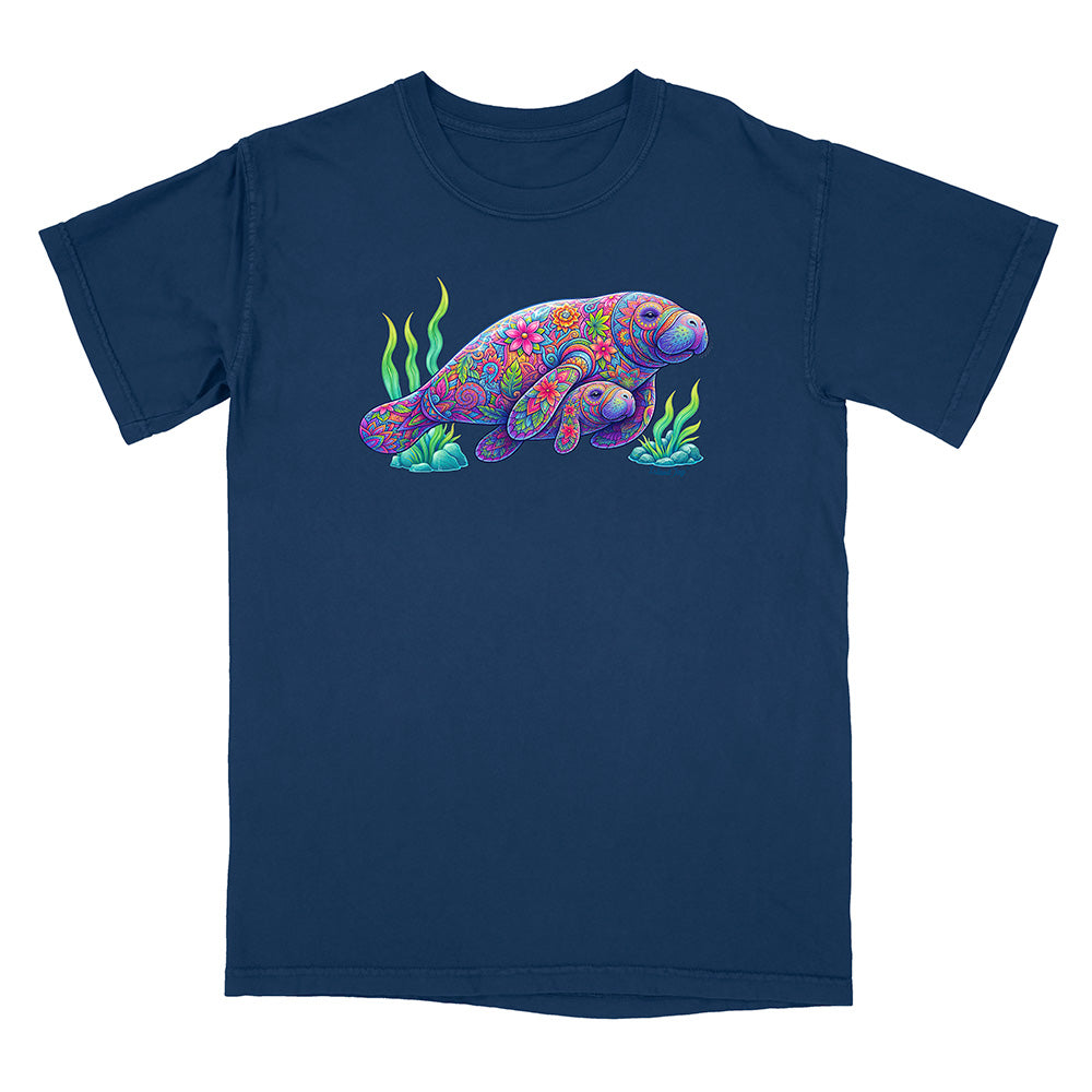 Navy blue t-shirt with a colorful sea turtle graphic on a white background