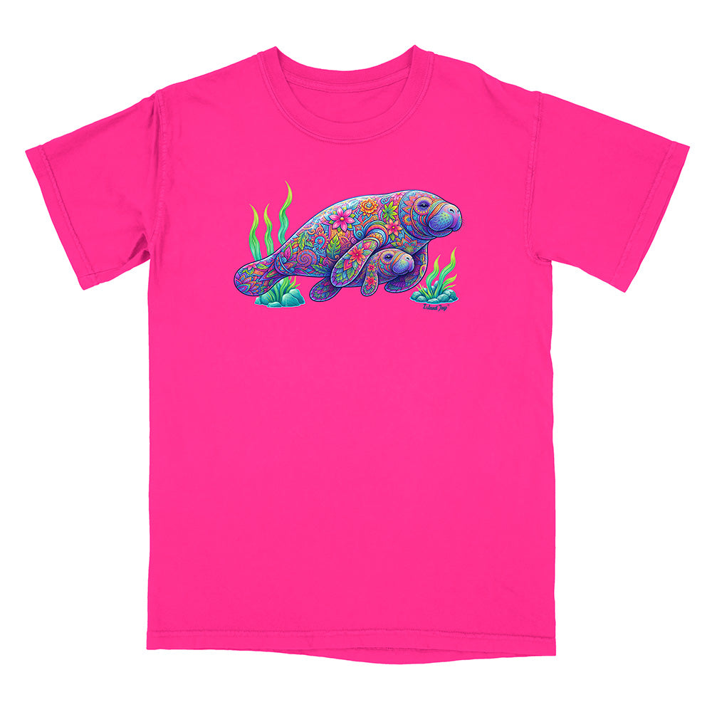 Pink t-shirt with a colorful sea turtle design on a white background