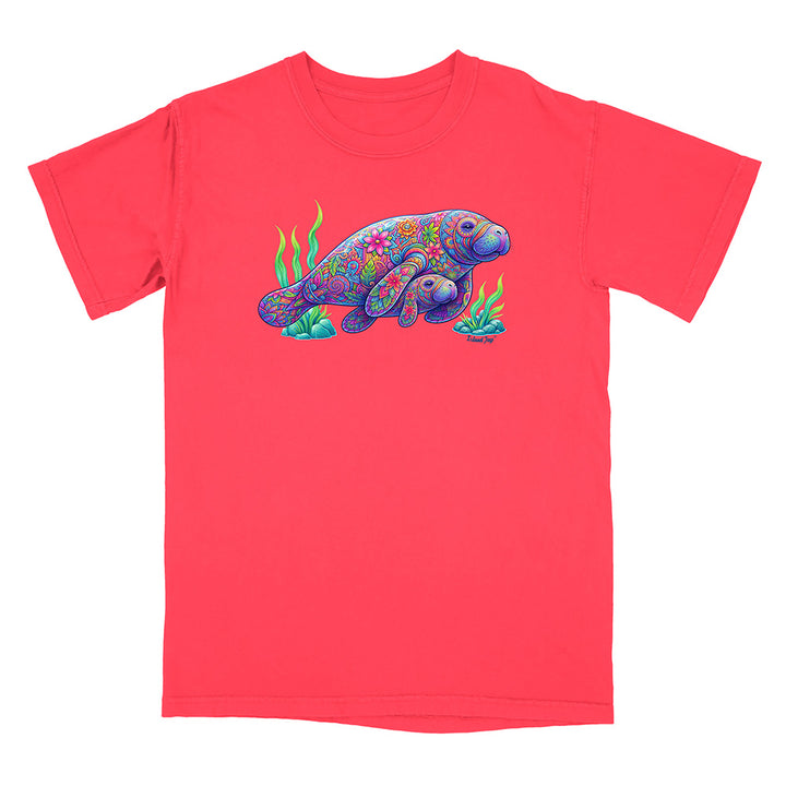 Red t-shirt with a colorful sea turtle design on a white background