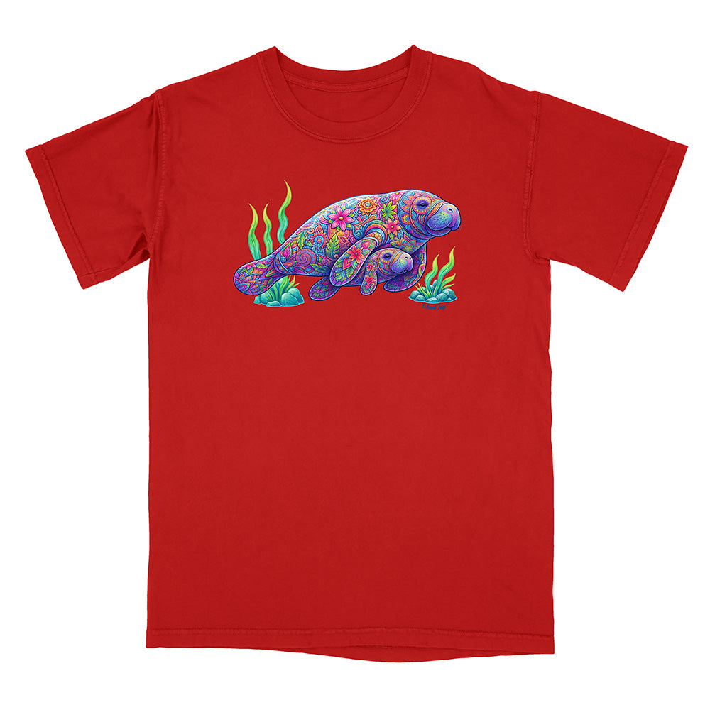 Red t-shirt with a colorful sea turtle design on a white background