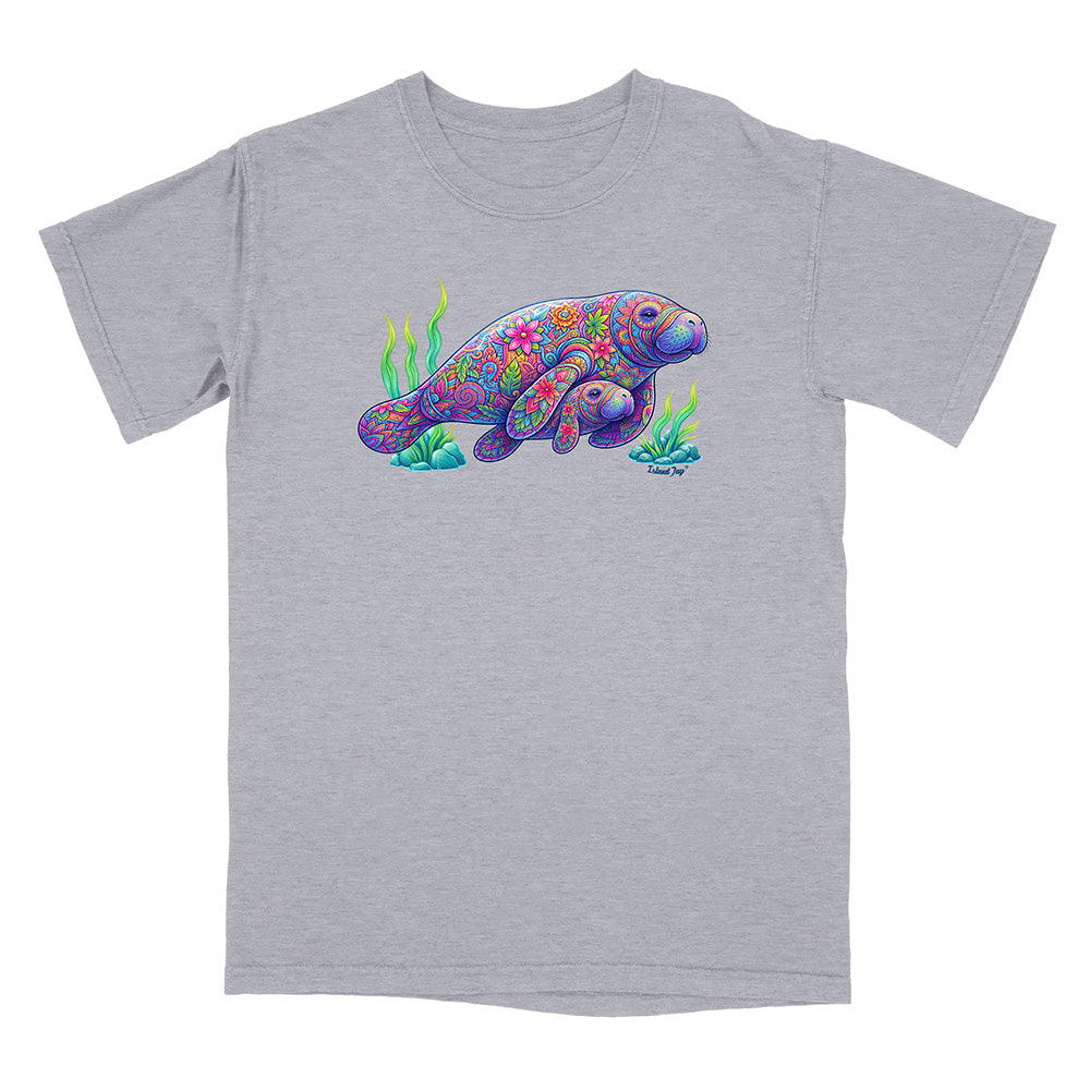 Gray t-shirt with a colorful manatee design on a white background
