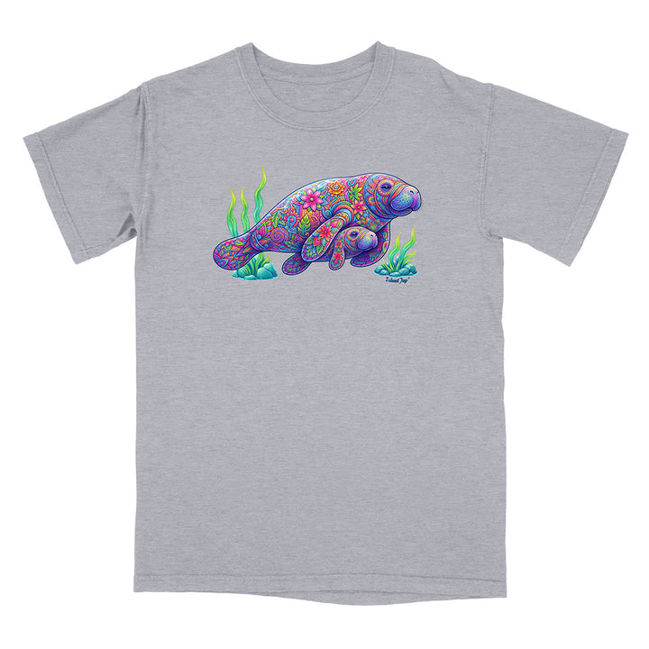 Gray t-shirt with a colorful manatee design on a white background