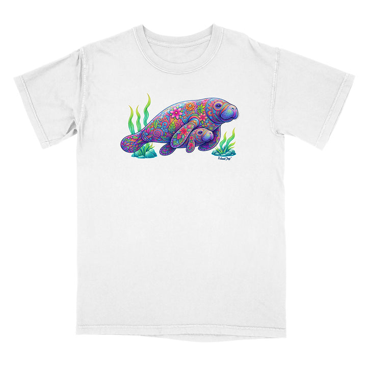 White t-shirt with a colorful sea turtle design on a white background
