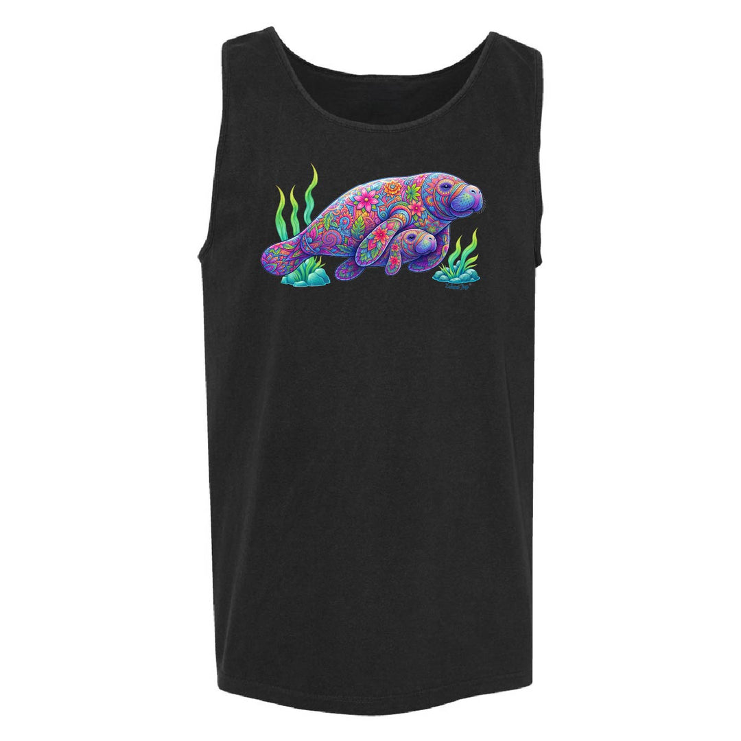Black tank top with a colorful manatee graphic on a white background