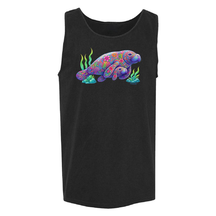 Black tank top with a colorful manatee graphic on a white background