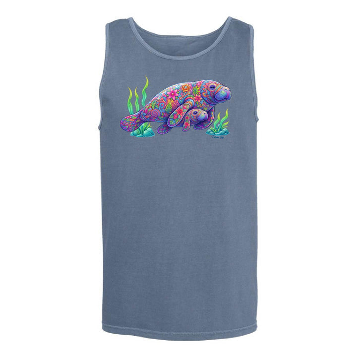 Denim colored tank top with a colorful manatee graphic on a white background