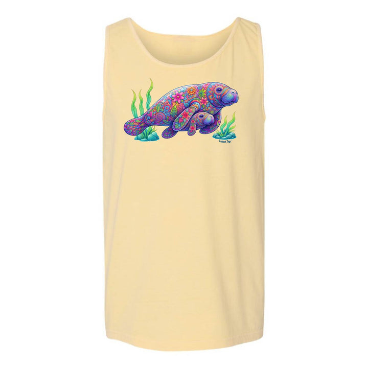 Yellow tank top with a colorful manatee graphic on a white background