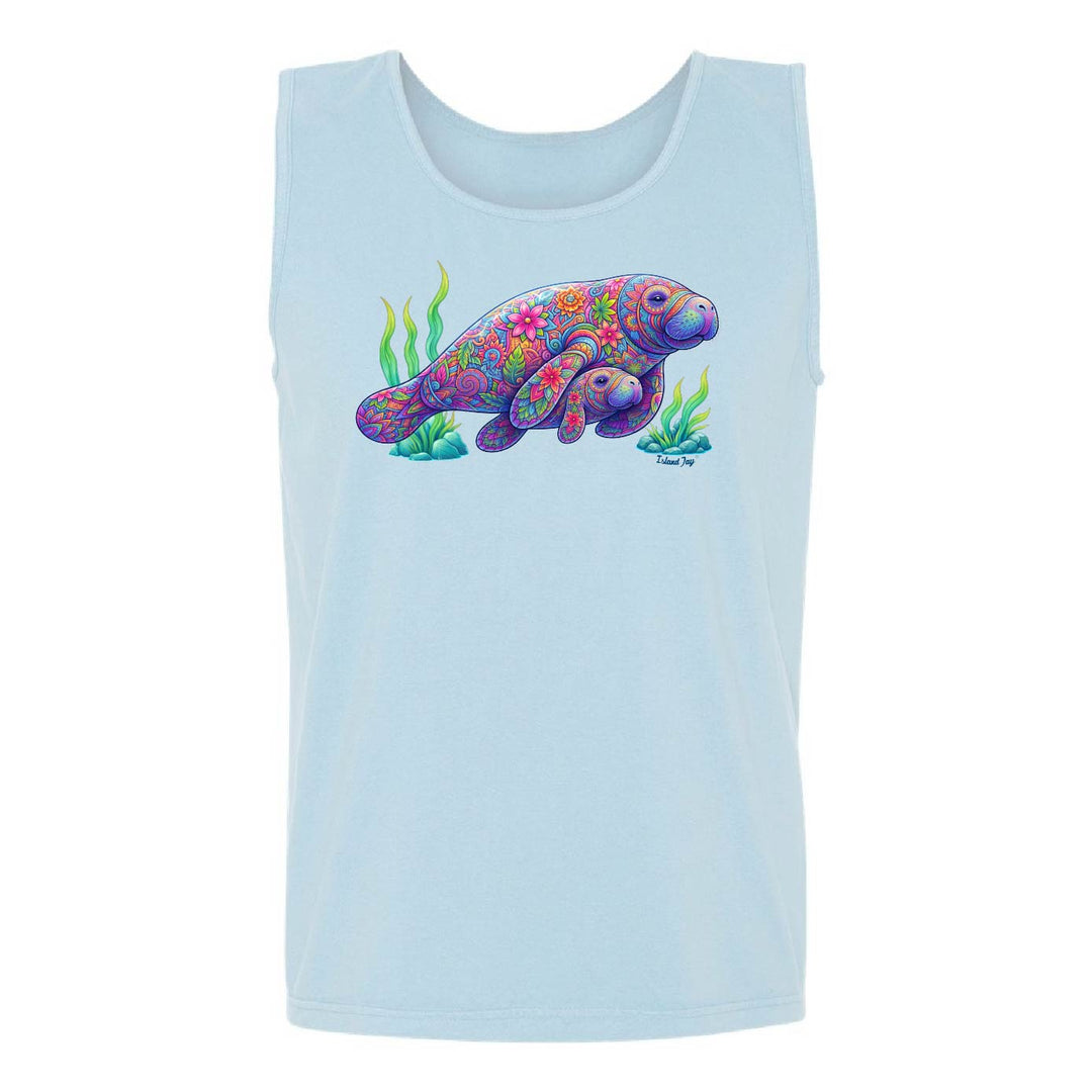 Blue tank top with a colorful manatee graphic on a white background