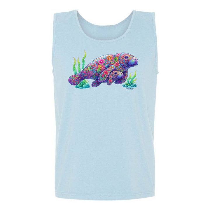 Blue tank top with a colorful manatee graphic on a white background
